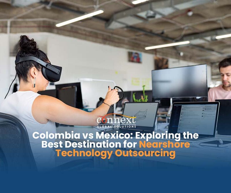 Colombia vs Mexico Exploring the Best Destination for Nearshore Technology Outsourcing office setting with people and laptops