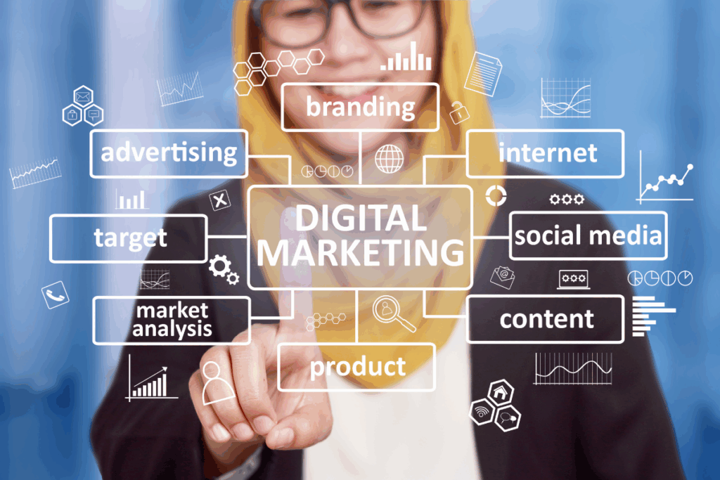 Woman interacting with a virtual digital marketing interface showing terms like branding, social media, and content.