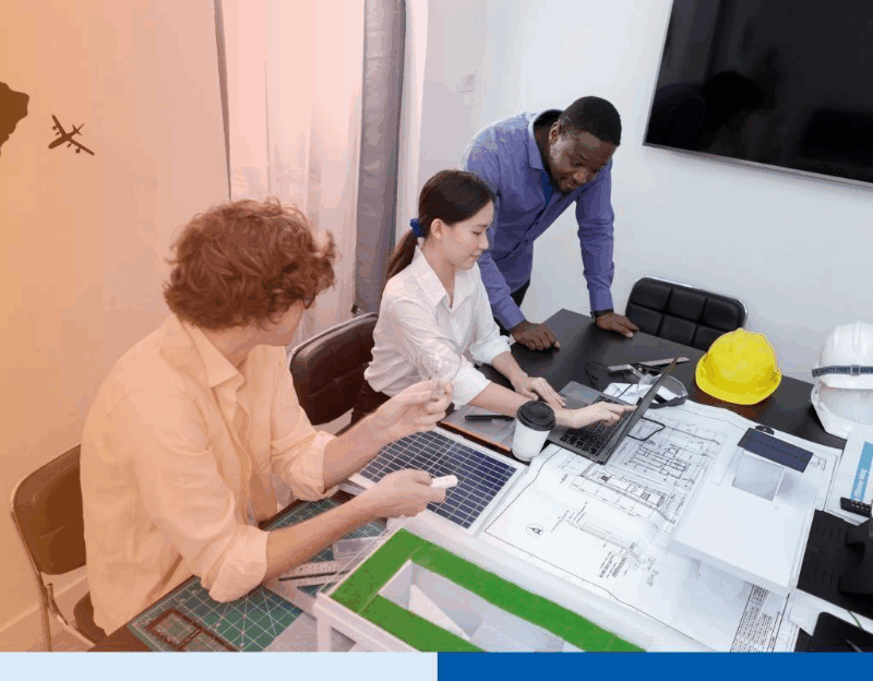 Team of professionals working together with blueprints, laptops, and financial documents, symbolizing collaboration in accounting or financial management for mining projects