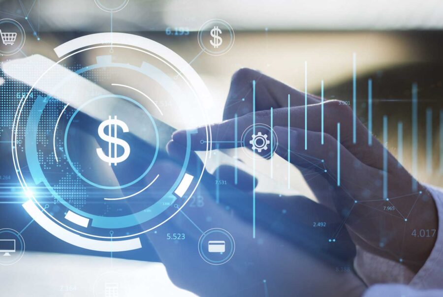 Mobile device with digital financial icons and data overlays representing fintech innovation and real-time digital banking.